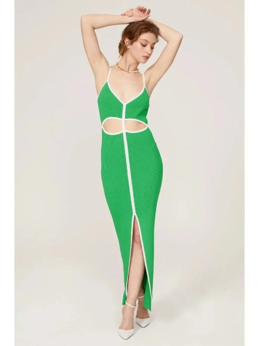 San Sloane Colette Maxi Dress Green front Cutout Summer Party Slip cocktail gown